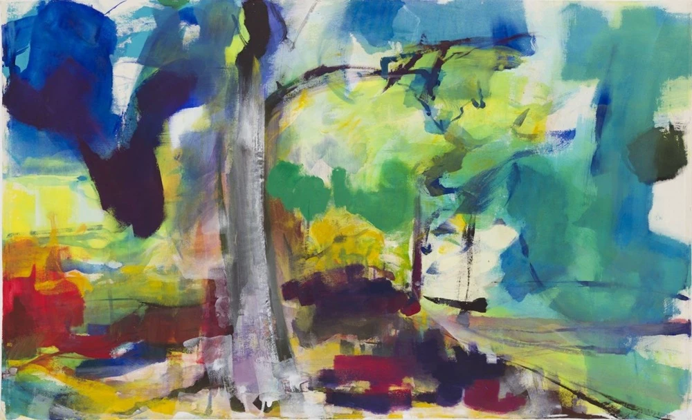 津上美由紀，《景觀，於泰晤士河畔，2014年5月4-14日》，2018，膠彩、膠、壓克力彩、複合媒材、畫布，130×211cm；Hideto Nagatsuka攝影。-圖片